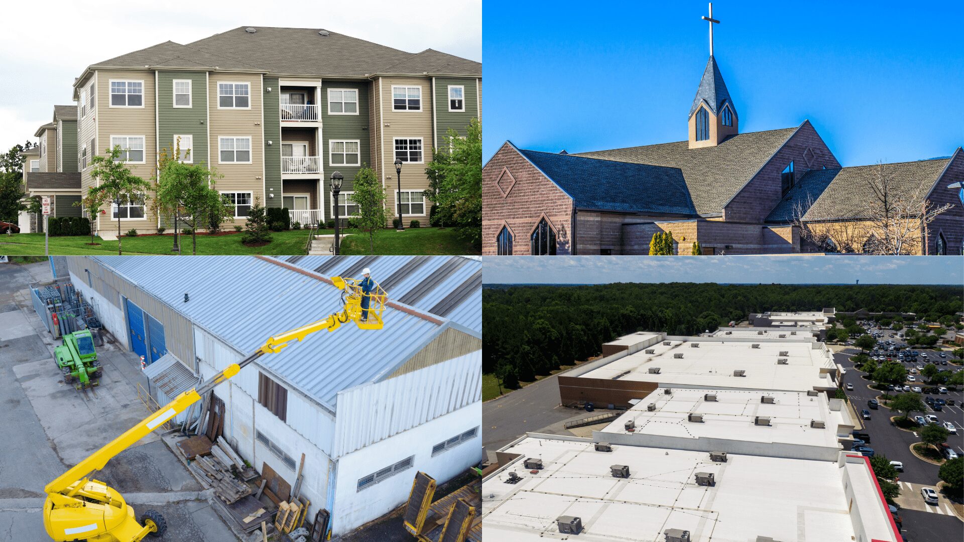 commercial roofing for churches, warehouses, shopping centers, and apartments